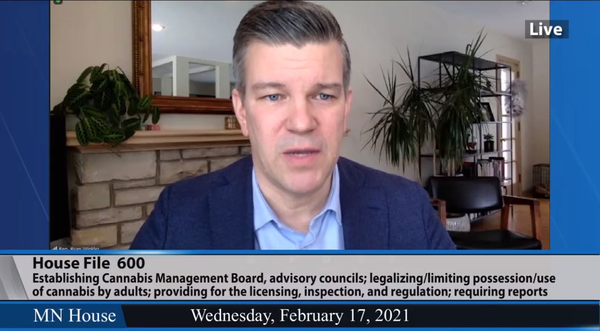 House Majority Leader Ryan Winkler (DFL-Golden Valley) testifies to his bill, HF600, that would legalize recreational marijuana in Minnesota during Wednesday's meeting of the House Commerce Finance and Policy Committee. Screenshot